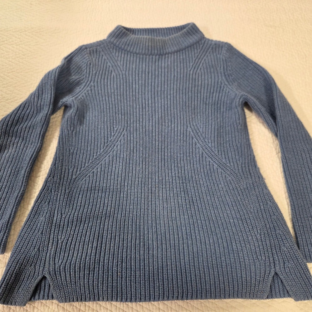 Talbots Petite Medium Blue Ribbed Mock Neck Sweater Side Slit Knit Pullover